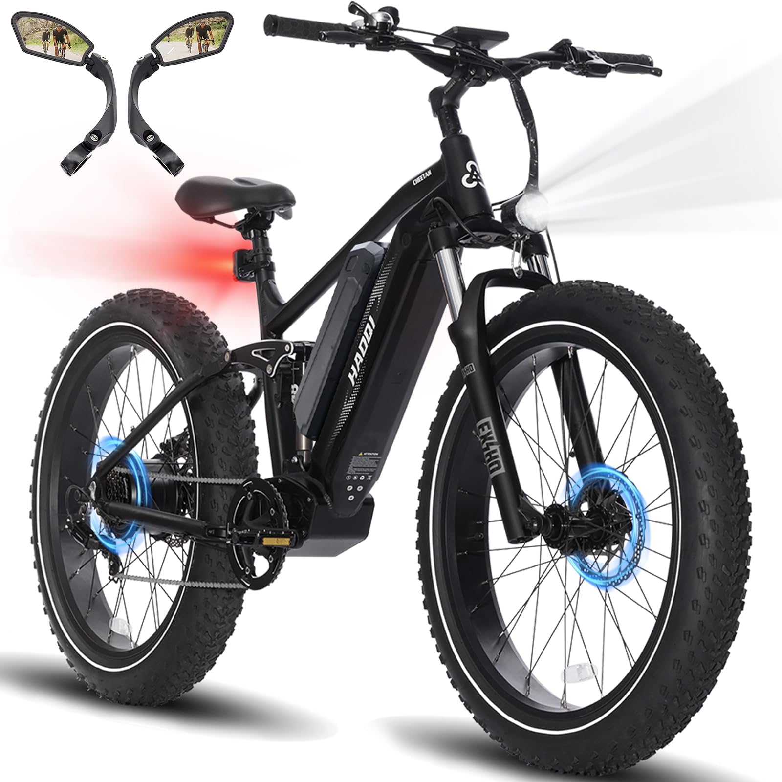 HAOQI Cheetah Electric Bike for Adults, 750W(Peak 1000W) Electric Bike,48V 16AH/25Ah Battery Adult Electric Bicycle,26”*4”Fat Tire Full Suspension 28MPH Mountain Ebike, 7 Speed Max 85 Miles Range