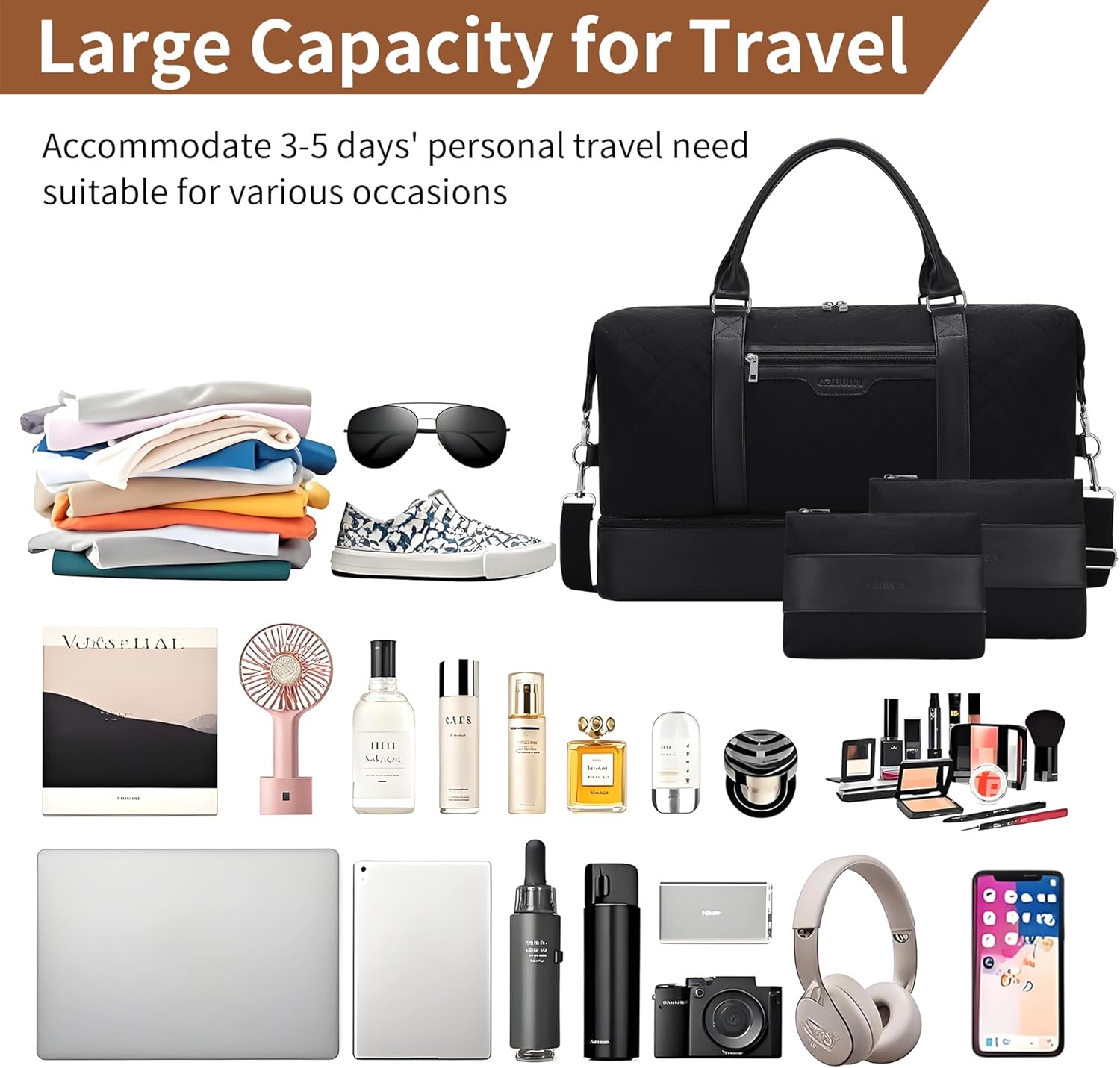 Oeihuivt Weekender Bags for Women - 21 Inch Large Travel Duffel Bag 2-Piece Set with Shoe Compartment, Heavy-Duty Canvas Leather Carry On Overnight Tote - Image 3