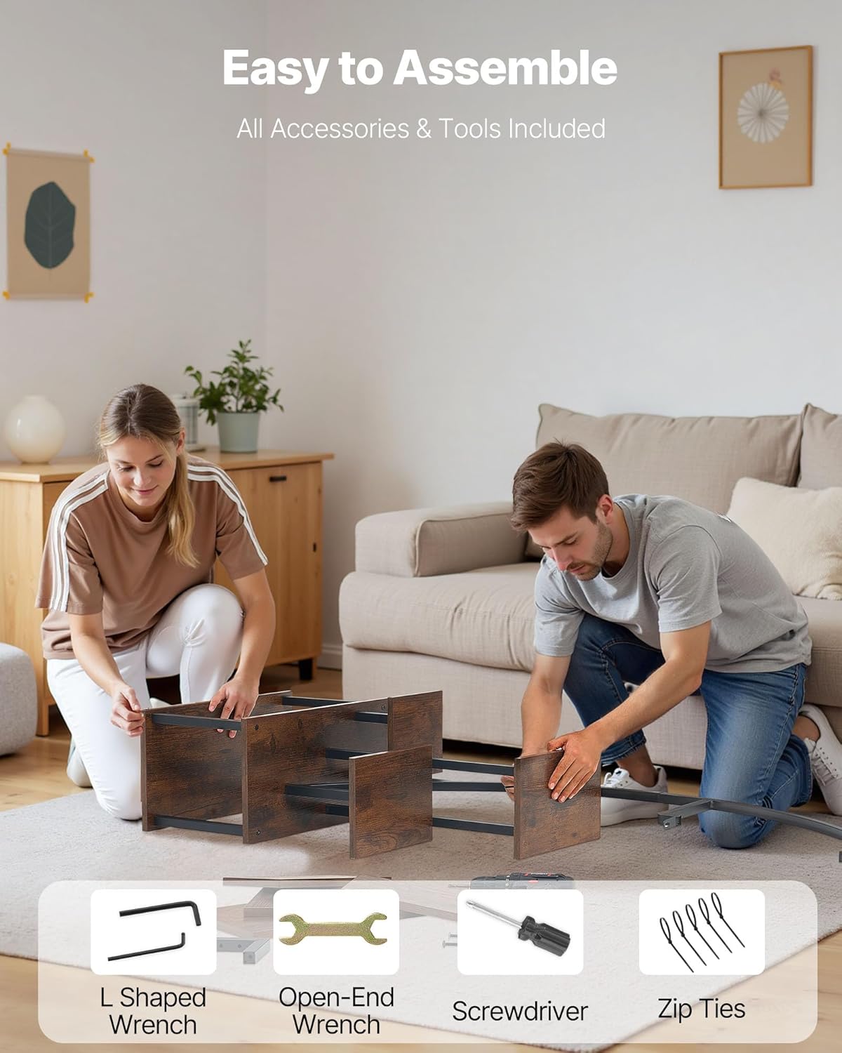 Two people assembling the VEVOR plant stand, showing included tools like L-shaped wrench, open-end wrench, screwdriver, and zip ties.