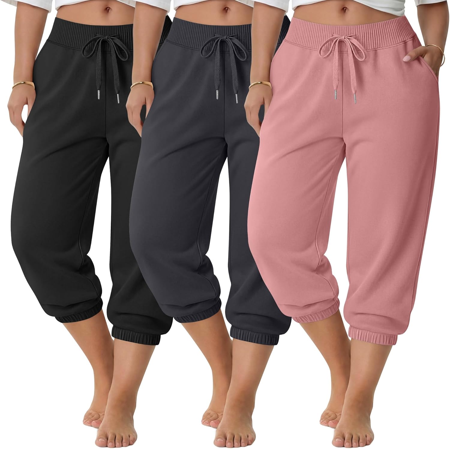 3 Pack Women's Plus Size Capri Sweatpants Athletic Cropped Lounge Pants Elastic Drawstring Joggers with Pockets