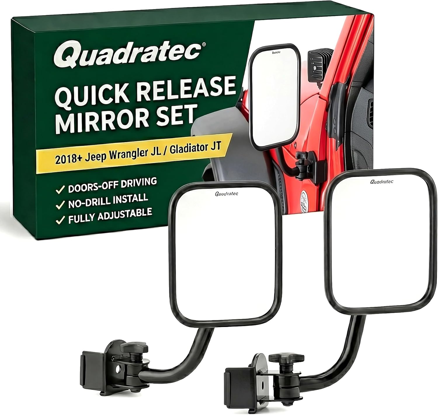 Quick Release Mirrors with Square Head - Fits Jeep Wrangler JL & Gladiator JT 2018-2026 - Solid Steel - "Doors Off" Driving Experience - Mounts To The "A" Pillar and Fully Adjustable - Sold In Pairs