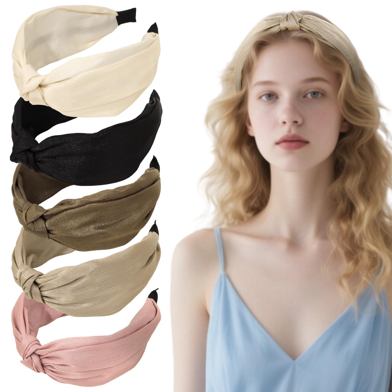Luixenir Wide Headbands for Women 5 Pcs Knotted Headbands Top Knot Elastic Fashion Solid Colored Hairbands Non-slip Hair Accessories for Ladies and Girls