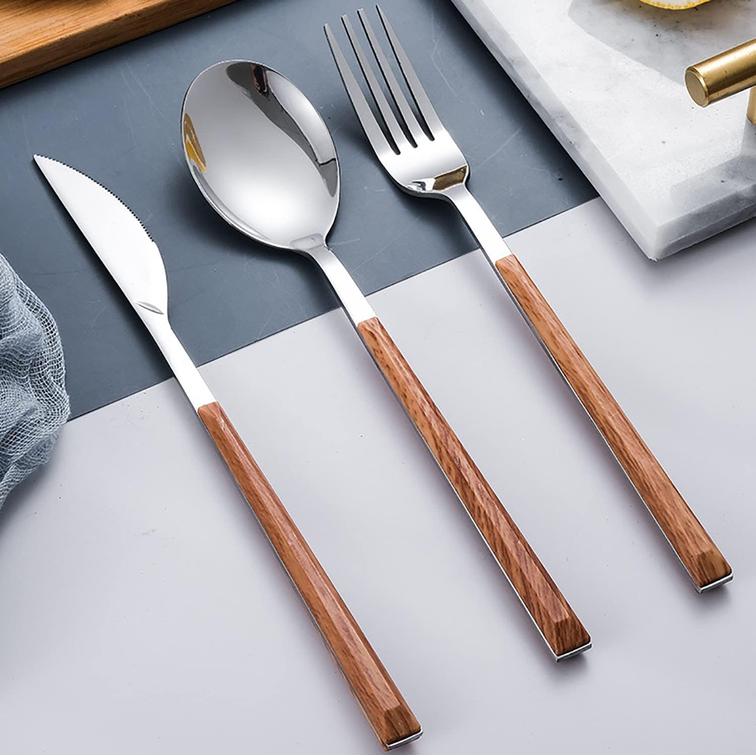 Gold Silverware Set 60 Piece 18/10 Stainless Steel Flatware Set for 12 Wooden Square Handle Kitchen Restaurant Wedding Tableware Utensil Include Knife Fork Spoon Fruit Fork Coffee Spoon