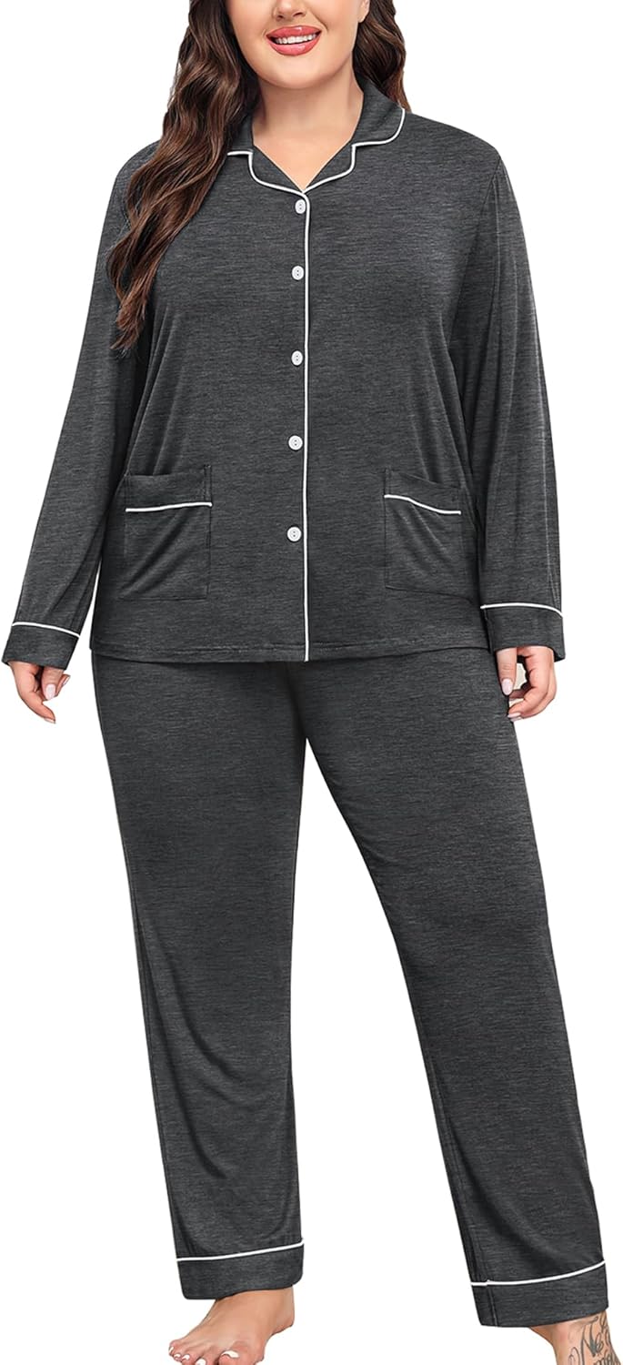 SWOMOG Women's Plus Size Pajamas Set with 2 Pockets Long Sleeve Button Down Sleepwear Soft PJs Pants Postpartum Lounge Sets - Image 2
