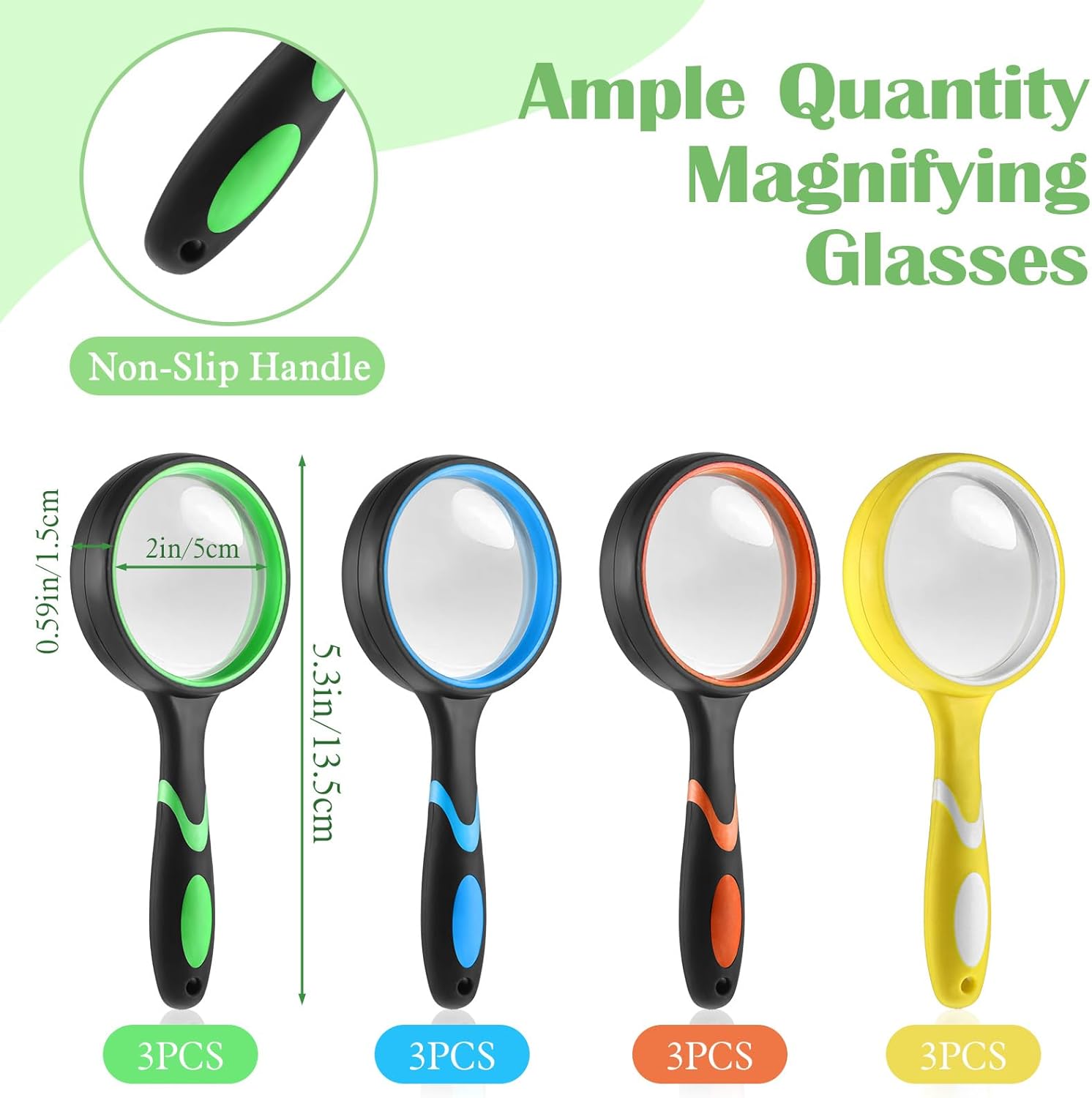12 Pcs 10X Magnifying Glass Handheld Shatterproof Reading Magnifier for Seniors and Adults, 50mm Colored Magnifying Lens with Non Slip Rubber for Observation Exploration Science (Mixed Color)