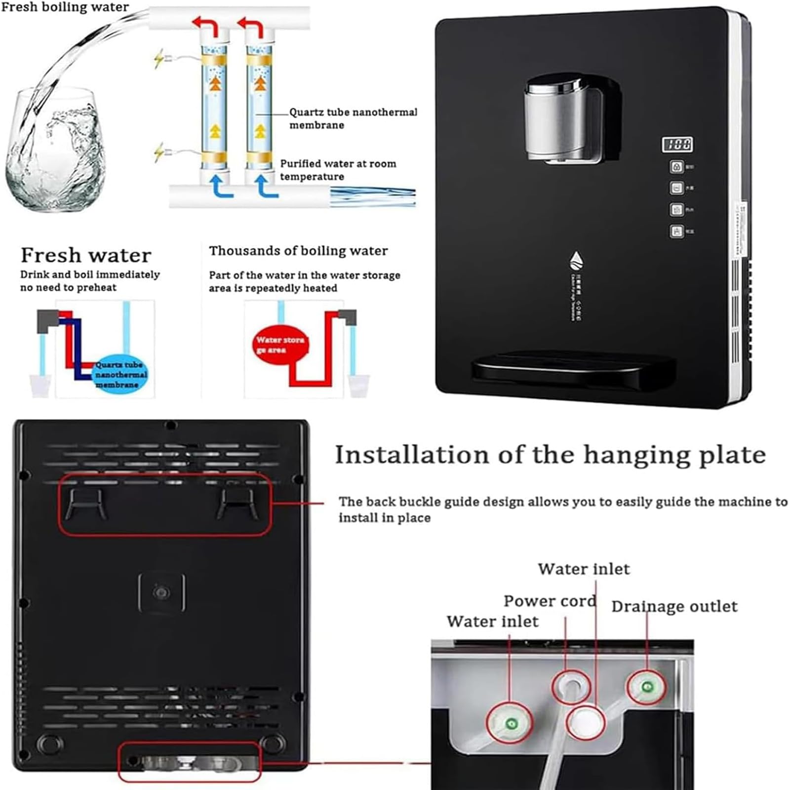 Dispensador de agua de pared, 30 l/h, calentamiento rápido, control de pantalla táctil, bloqueo electrónico para niños, ideal para oficina, hotel, cantinas, 2200 W