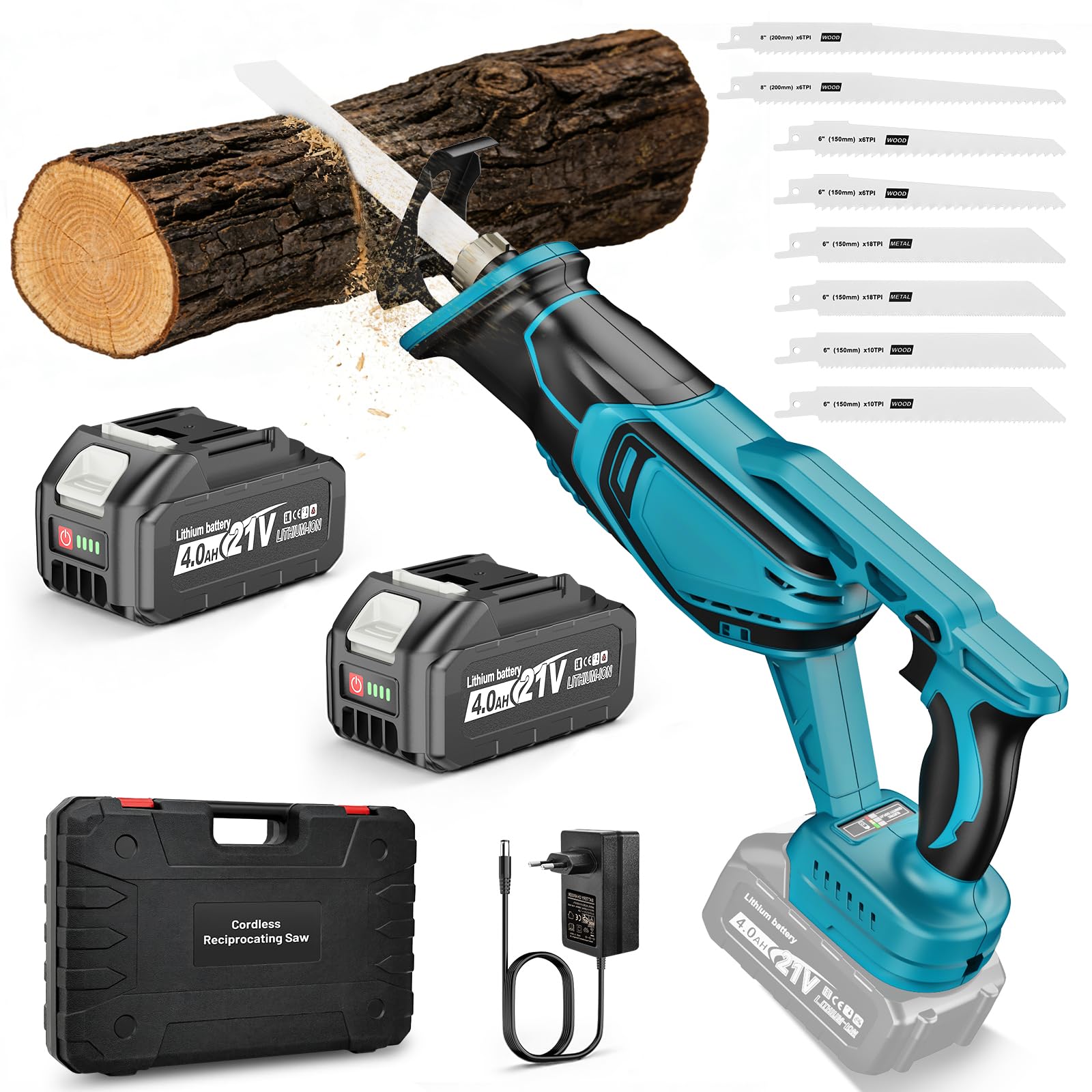 Yofuly Sega a Gattuccio Compatibile con Batterie Makita 18V, 2 Batterie da 4,0Ah, Gattuccio a Batteria 3500spm, 28mm Lunghezza Corsa, Sega Alternativa con 8 Lame per Legno/Metallo/PVC