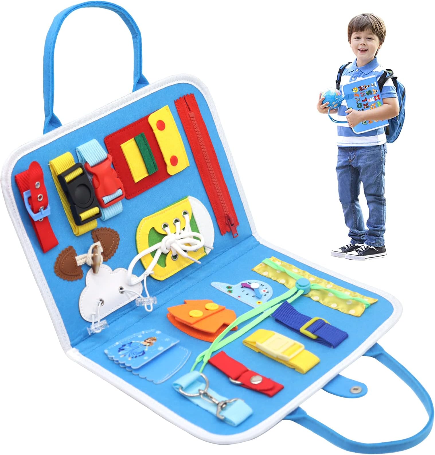 Busy Board Montessori Toys for Toddlers Sensory Board Toys Preschool Activities Educational Toys Learning Basic Dress Skills Travel Toys for Toddlers Gifts for 1 2 3 4 Year Old Boys & Girls (Blue)