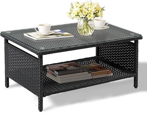 Miniatura 9 de VINGLI Mesa de centro de mimbre para exteriores con 2 cajones y parte superior de vidrio templado, mesa de centro de patio al aire libre para Con