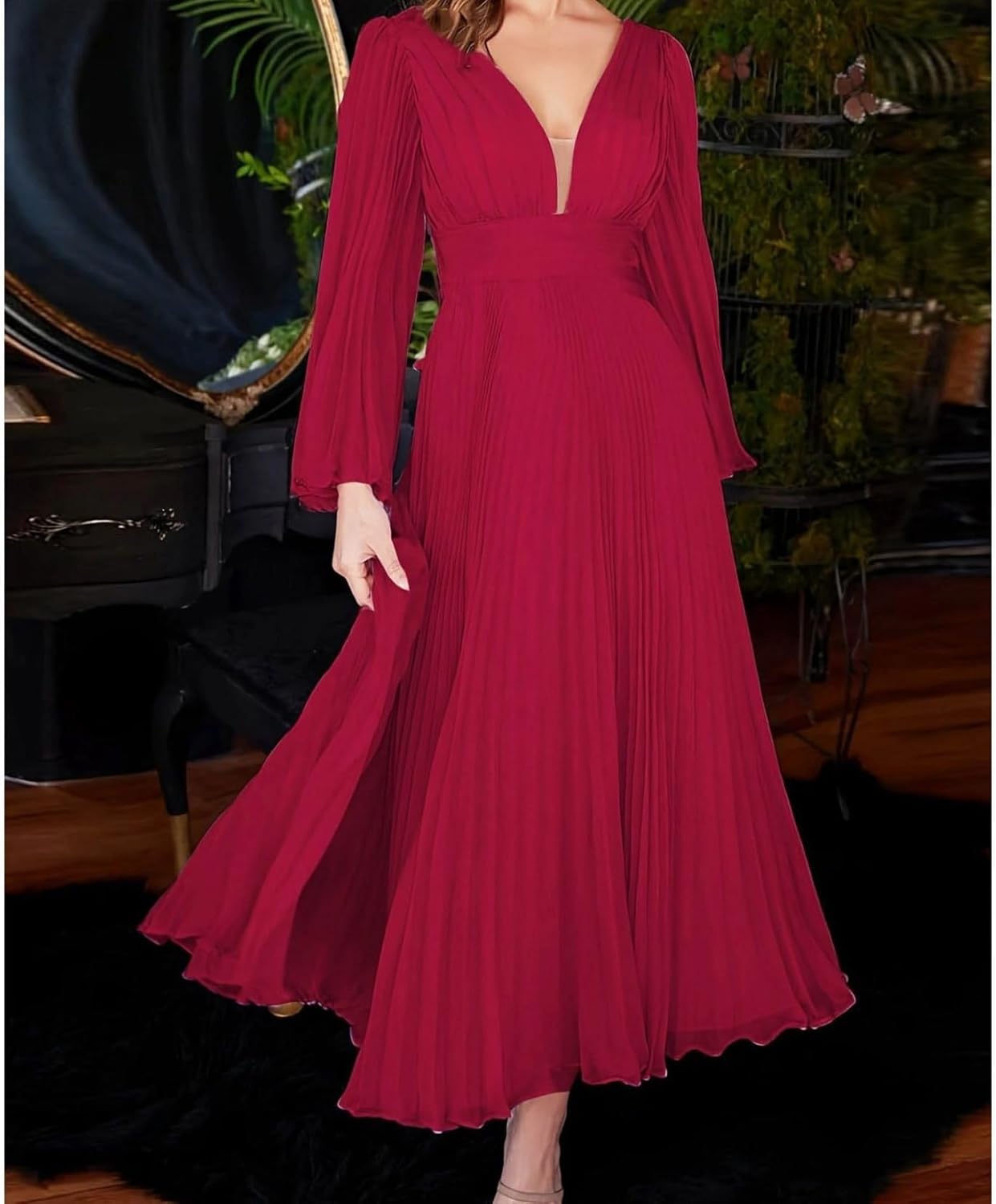 [RAMEMO] レディース パーティードレス 結婚式 ダンスワンピース フレア長袖 アンクル丈 プリーツ ディープvネック シアー