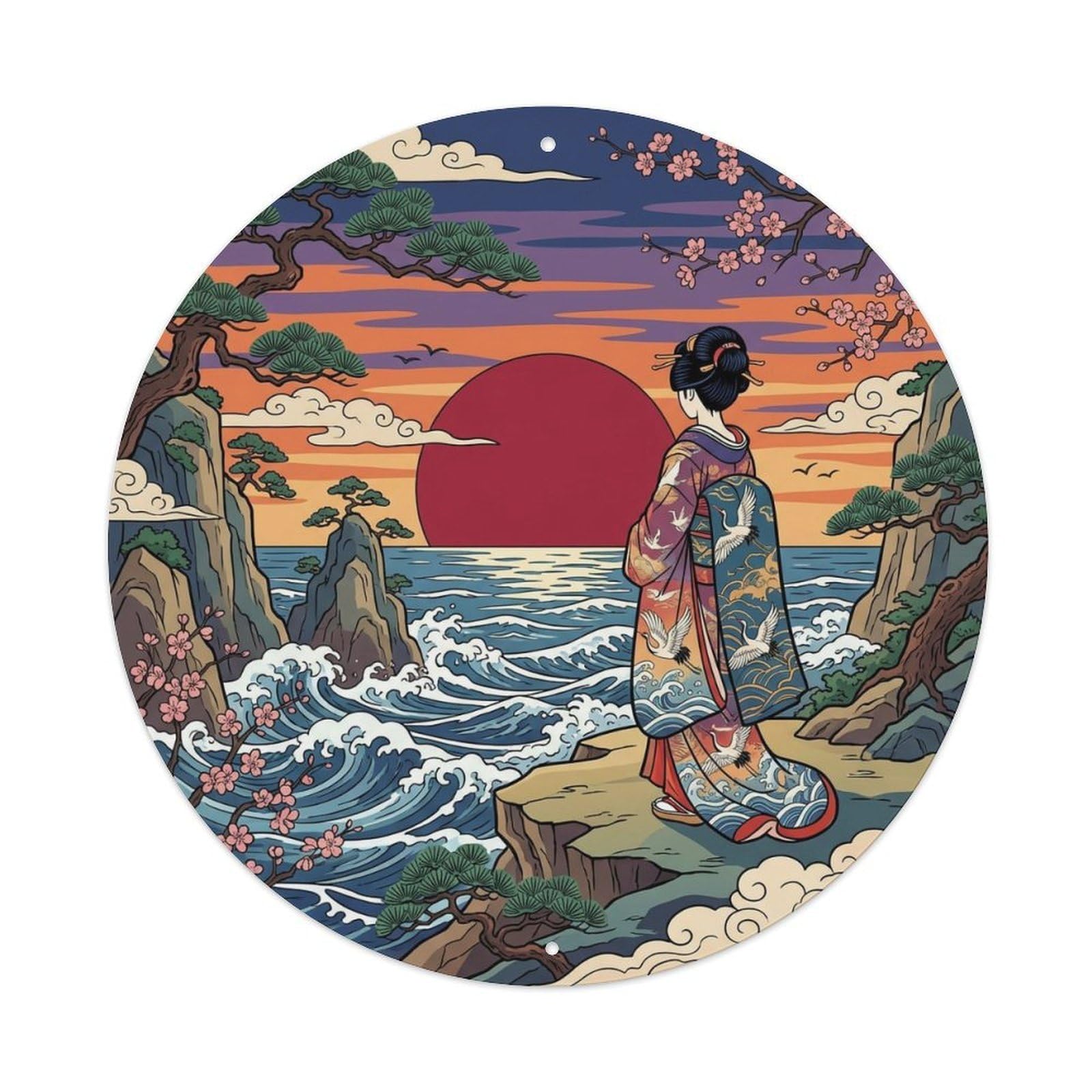 Japanese Geisha Coastline Sunset Observing Scenic Metal Tin Sign