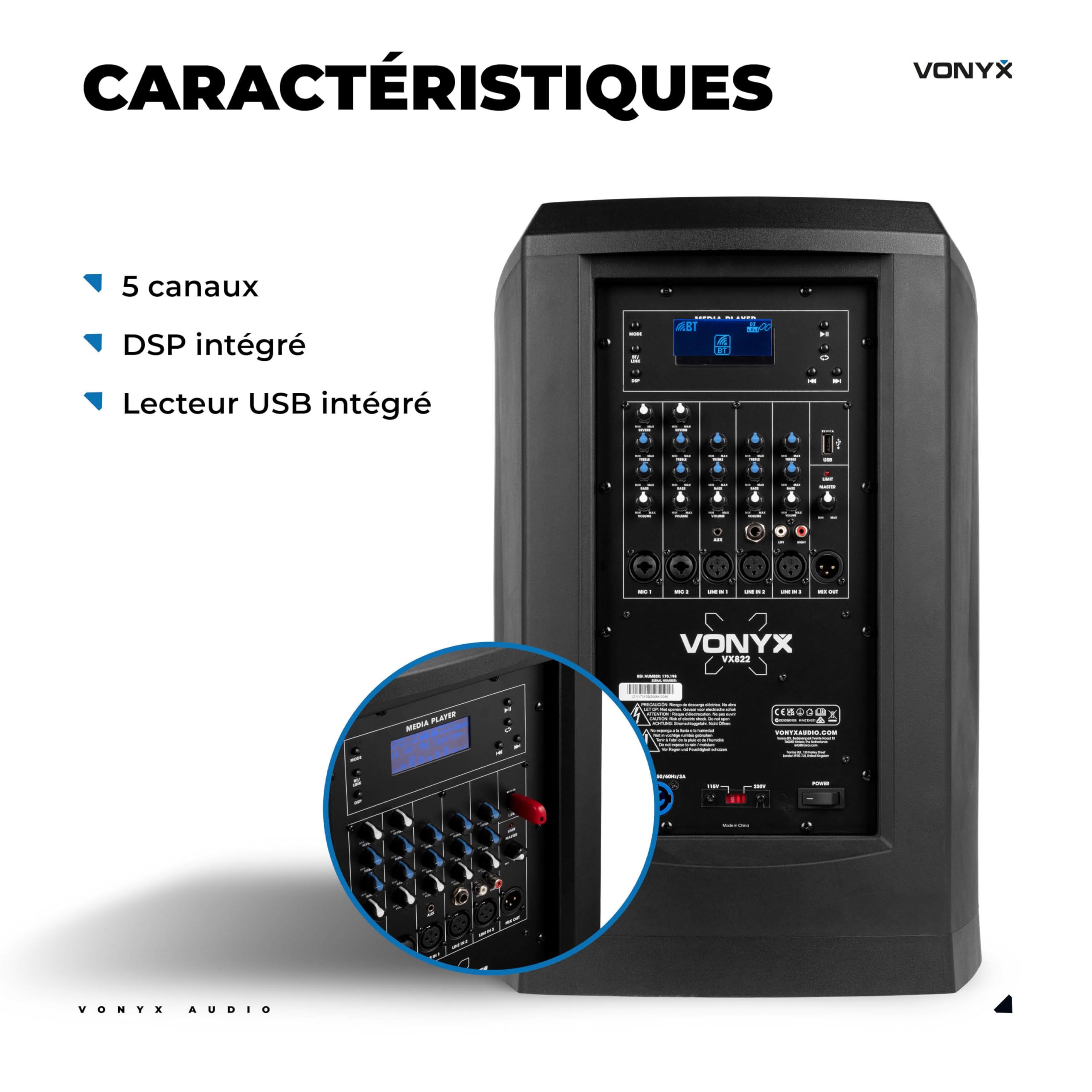 VONYX VX822 Enceinte Colonne Active 1800W avec Bluetooth et TWS, Caisson 12" et 8 Haut-Parleurs 3", DSP avec Préréglages, Entrées XLR Jack RCA, Écran LCD, Idéale pour DJ, Karaoké et Événements