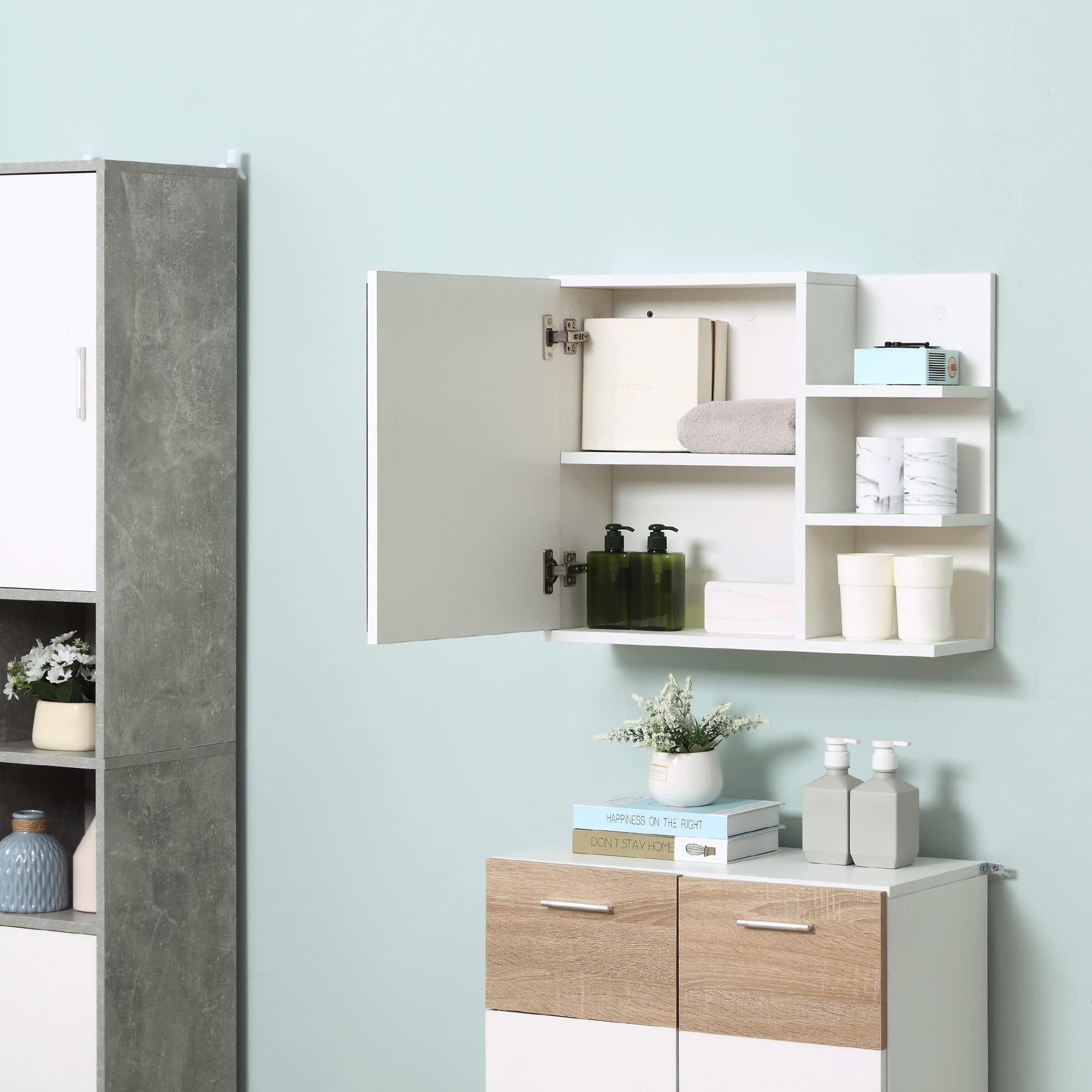 kleankin Armario de Baño con Espejo Armario con Espejo para Baño con 3 Estantes Abiertos y 1 Estante Interior Estilo Moderno 60x18x50 cm Blanco