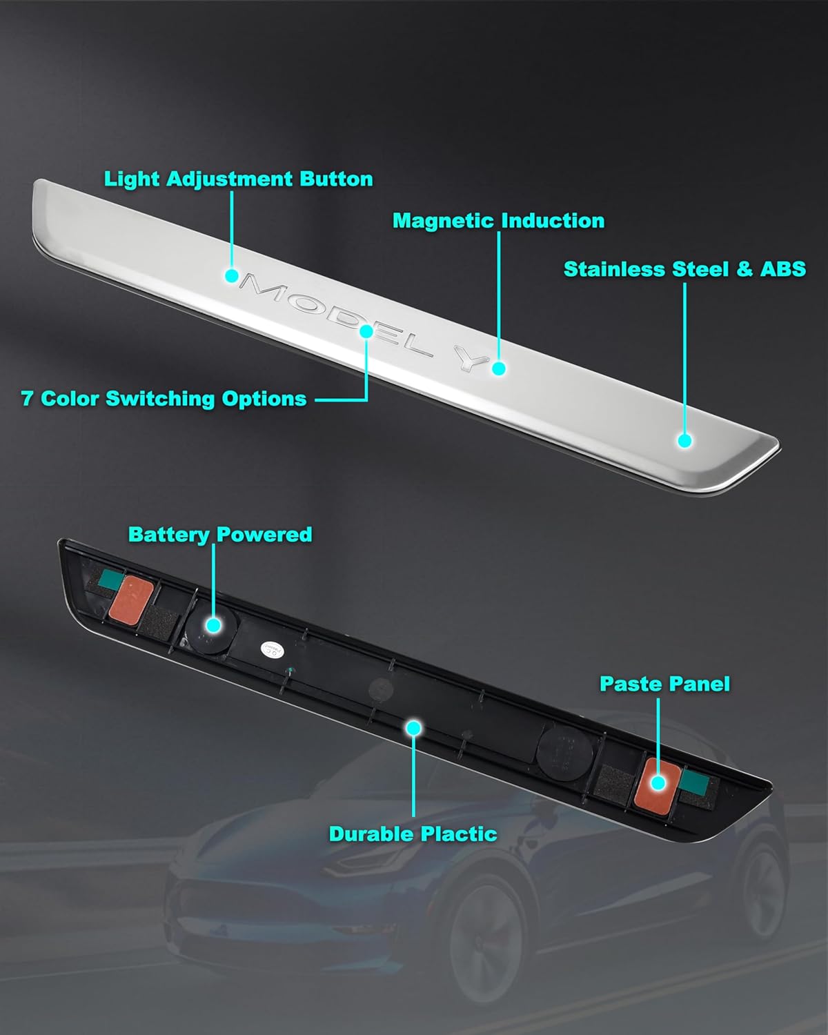 LED Door Sill Lights for Tesla Model Y 2020-2025 Accessories, ABS Scratch-Resistant Sill Protector with 7-Color RGB Lighting, Battery Powered Model Y Pedal Mood Lamp, Silvery, 4PCS