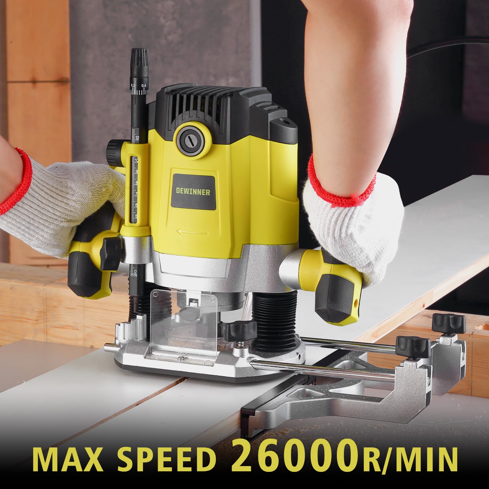Défonceuse à Bois 1800W 10000-26000RPM avec Sac en Toile DEWINNER, Défonceuse Affleureuse électrique avec Set de 12 fraises à défoncer, 3 Pinces de 6/8/12 mm,7 Vitesses Variables