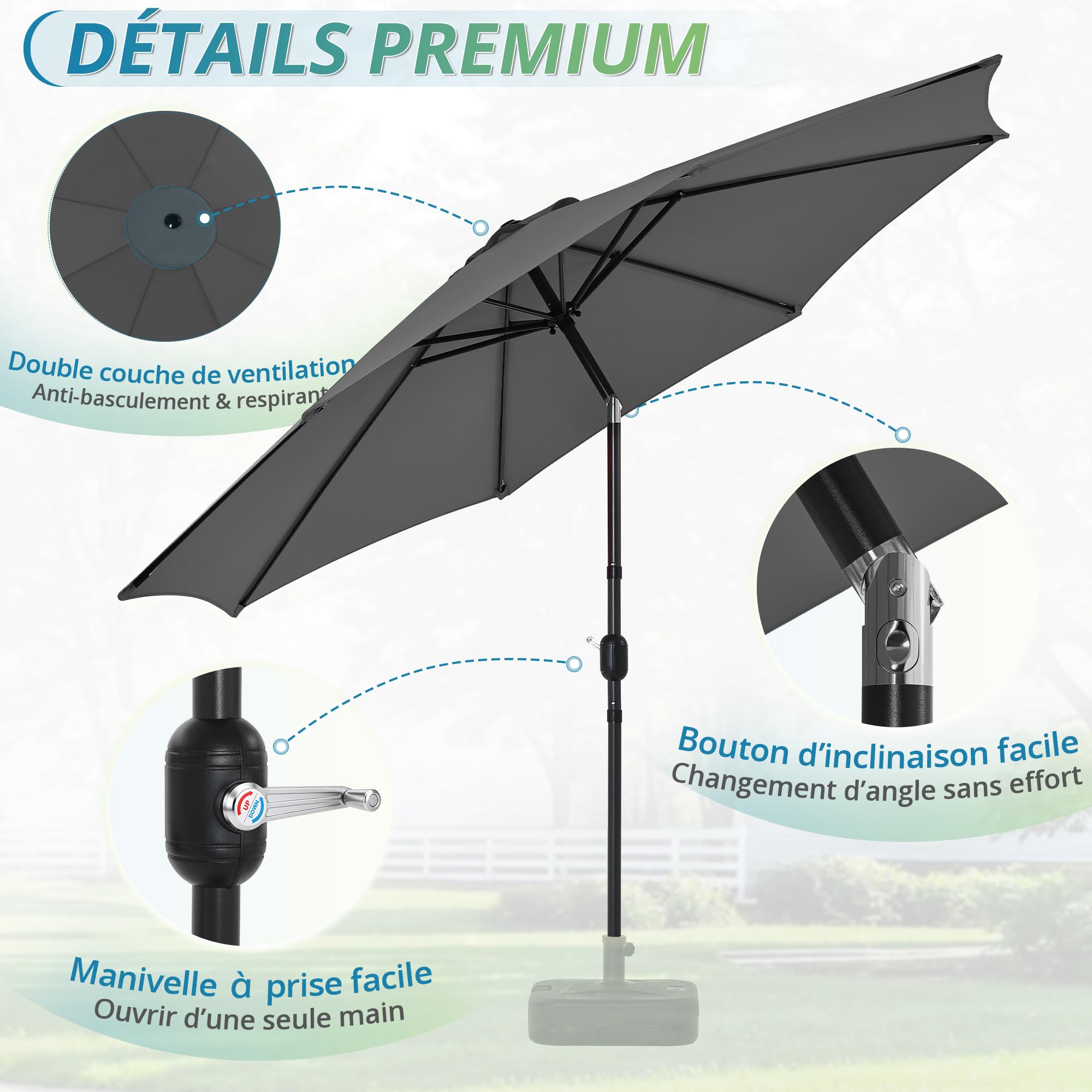 LUE BONA Parasol de Jardin 300cm-Parasol Inclinable avec 8 Baleines Cadre en Métal Protection Solaire,Protection UV 50+ pour Jardin Terrasse Patio Piscine Plage Balcon