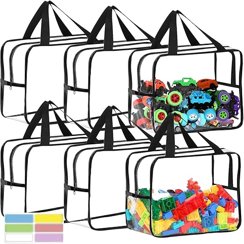 Paquete de 6 bolsas de almacenamiento de juguetes grandes anchas de 12.6 x 9.25 x 6.9 pulgadas con etiquetas, almacenamiento reutilizable de PVC