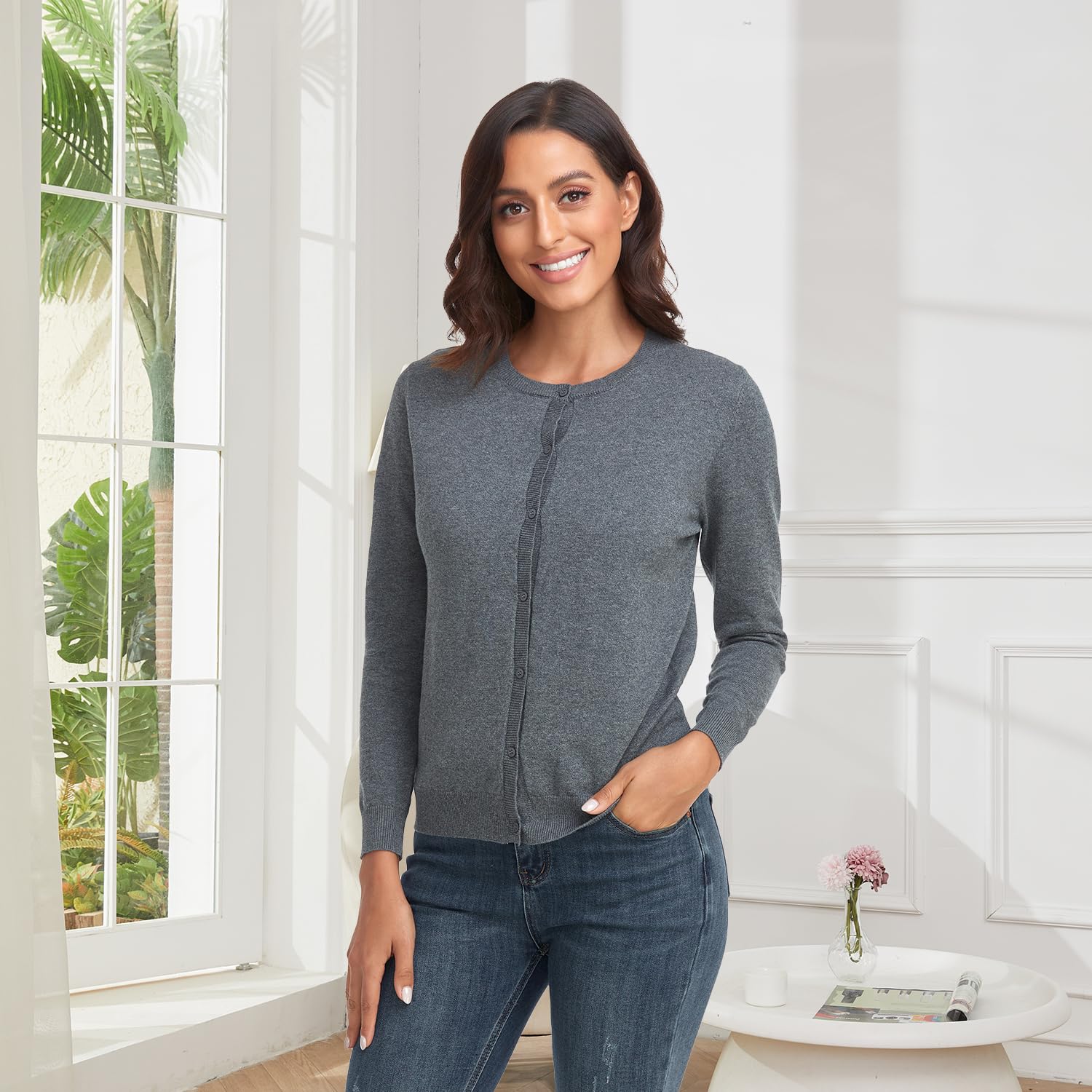 CUNYI Cardigan Donna Maglia con Bottoni Girocollo Classico Manica Lunga Giacca Cappotto Elegante, Grigio Scuro S