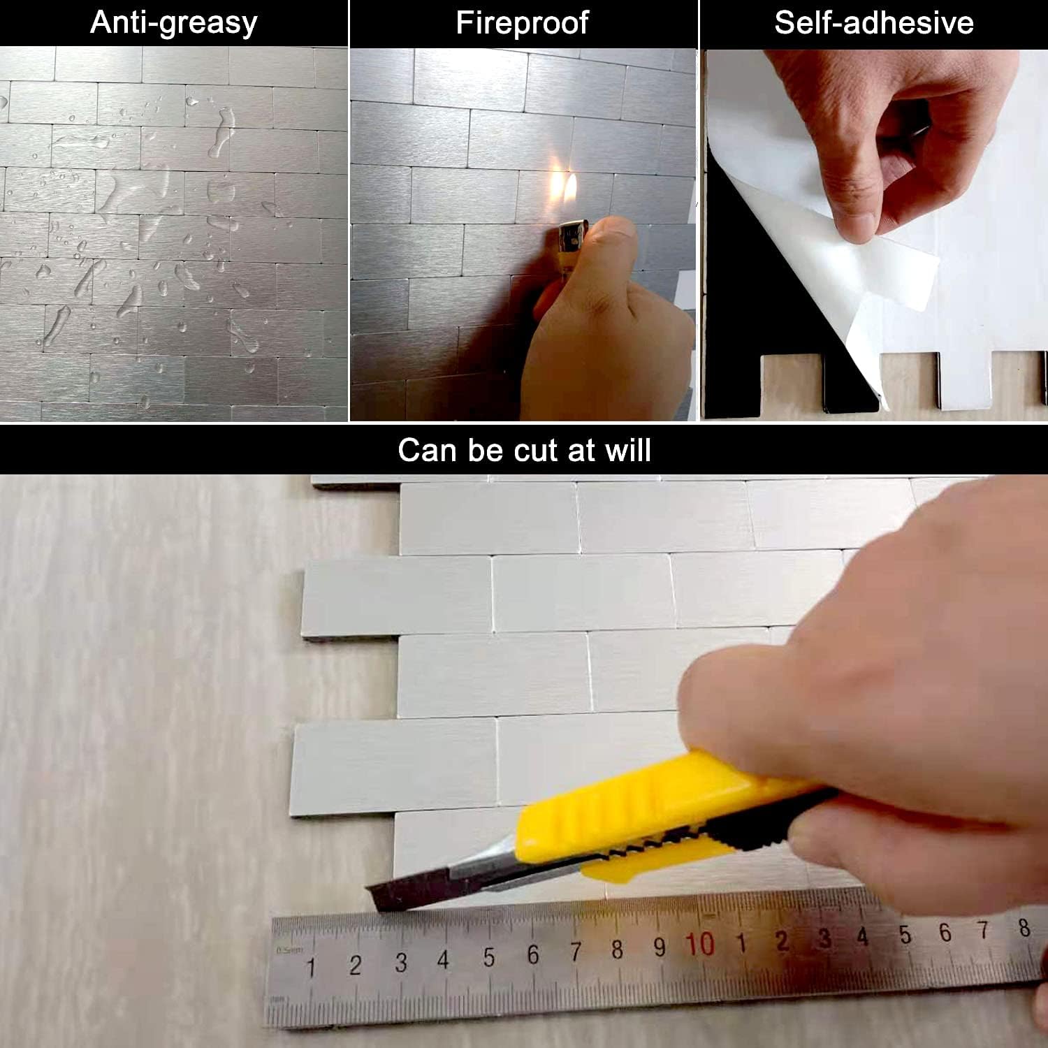 XUANINY 10-Sheet Peel and Stick Metal Backsplash Tiles, Self Adhesive Brushed Aluminum Subway 3D Wall Sticker for Kitchen Bathroom (12"x11.02") (10, Silver Brushed)
