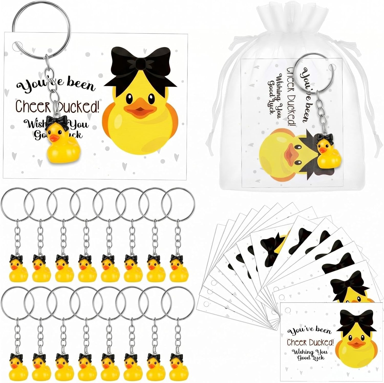 SiliFine 40 Set Cheer Duck Keychain Gifts Bulk Cheerleading Team Ducked Cards Organza Bag for Competition Favor