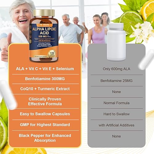 Miniatura 4 de Ácido alfa lipoico 600 mg con benfotiamina 300 mg - Suplemento ALA para neuropatía, apoyo nervioso y antioxidante, energía celular, metabolismo y