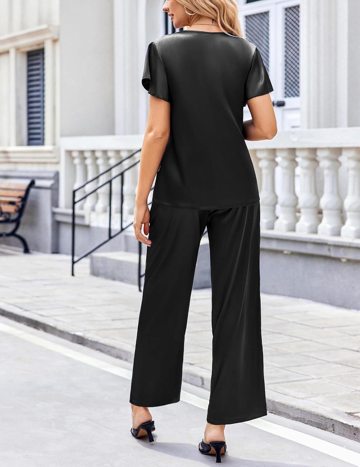 Ekouaer Women's Satin Silky Pajama Set 2 Piece Short Sleeve Shirt with Long Pants Pjs Sets Soft PJ Loungewear S-XXL - Image 5