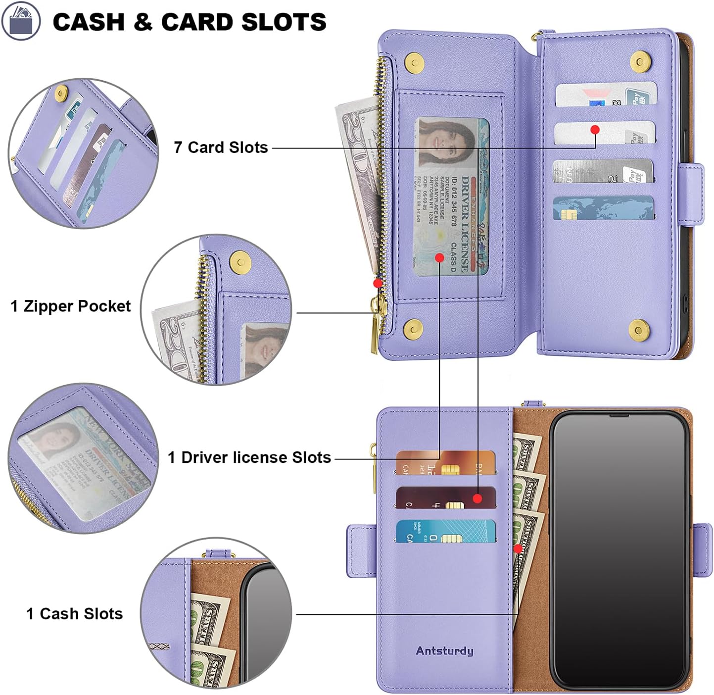 Antsturdy Compatible with Motorola Moto G Power 5G 2024 Wallet Case with Card Holder,Women Men PU Leather Flip Phone Case RFID Blocking Stand Wrist Strap Zipper Credit Card Slots,Light Purple