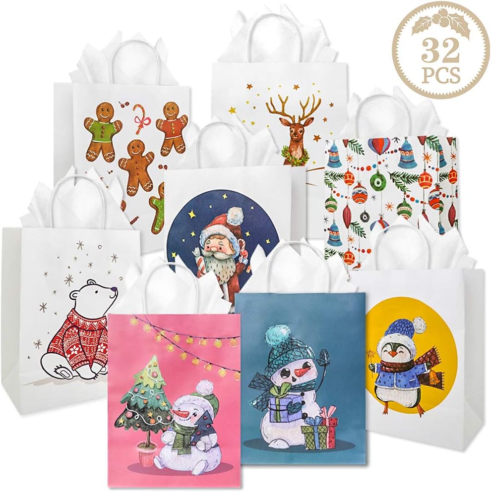32pcs Christmas Gift Bags with Paper Tissues, 8 Styles, Paper Bags for Holiday Gifts and Party Favors