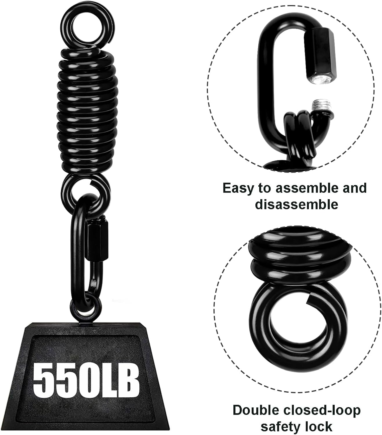 Heavy Duty Suspension Spring, Black | M8 Chain Quick Links, For Punching Bags, Hammock Hanging, Swing Suspension