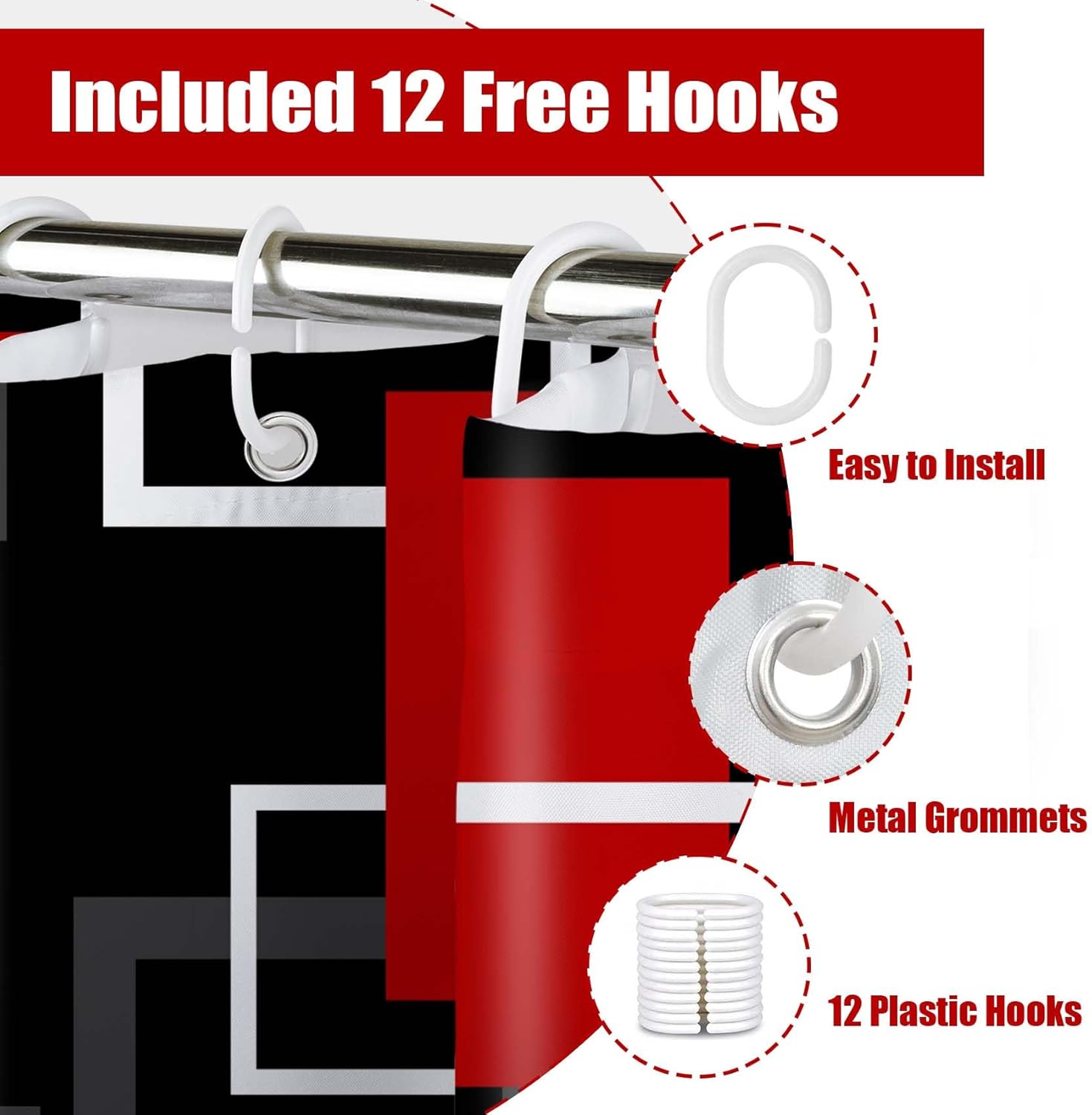 MASLEK Morden Geometric Shower Curtain for Bathroom, Red and Black Abstract Minimalist Bathroom Decor Curtain with Hooks Strpied Patterned Bathroom Curtains, 72W x 78L Inches