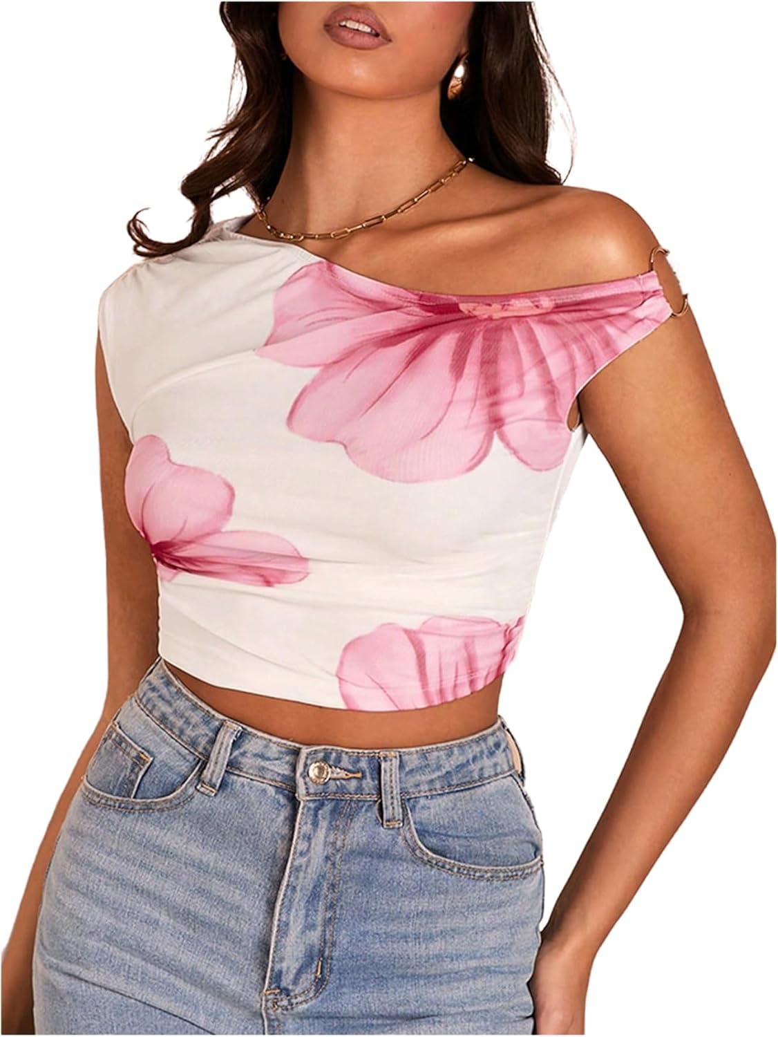 Milumia Women Floral Print Asymmetric Neck Crop Shirt One Shoulder Ruched Tank Top