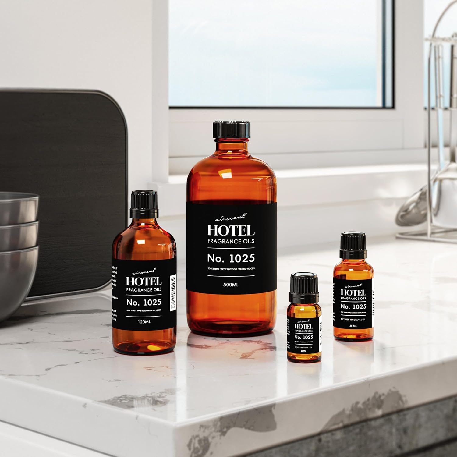 AirScent Hotel Diffuser Oil No. 1025 - Rose Stems Apple Blossom Exotic Woods - Hotel Scent Dupe Fragrance Oil for Ultrasonic and Waterless Diffusers and Crafting - 500 mL, 16.9 fl oz Glass Bottle