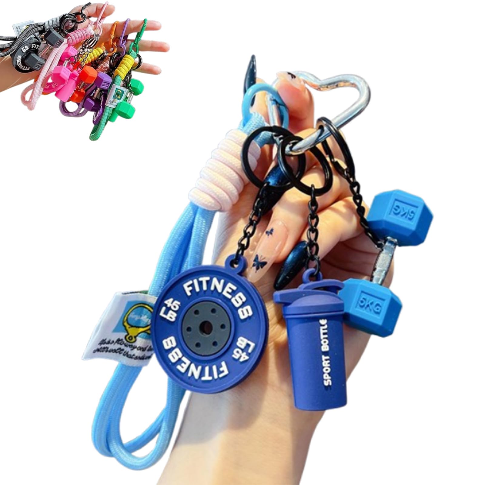 Creative Mini Gym Barbell Plate Keychain, Kettlebell Dumbbell Keychain set Silicone keyring, Pocket Motivator for Workout Enthusiasts (Blue)