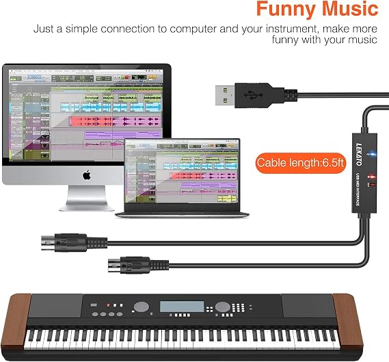 LEKATO USB MIDI Cable, MIDI to USB Cable 6.5Ft with Input & Output Connecting with Keyboard, Synthesizer for Editing & Recording, Midi to USB for Laptop Computer Windows and Mac
