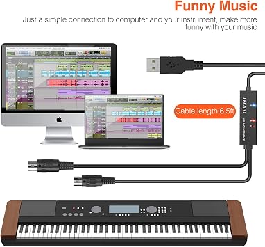 LEKATO USB MIDI Cable, MIDI to USB Cable 6.5Ft with Input & Output Connecting with Keyboard, Synthesizer for Editing & Recording, Midi to USB for Laptop Computer Windows and Mac