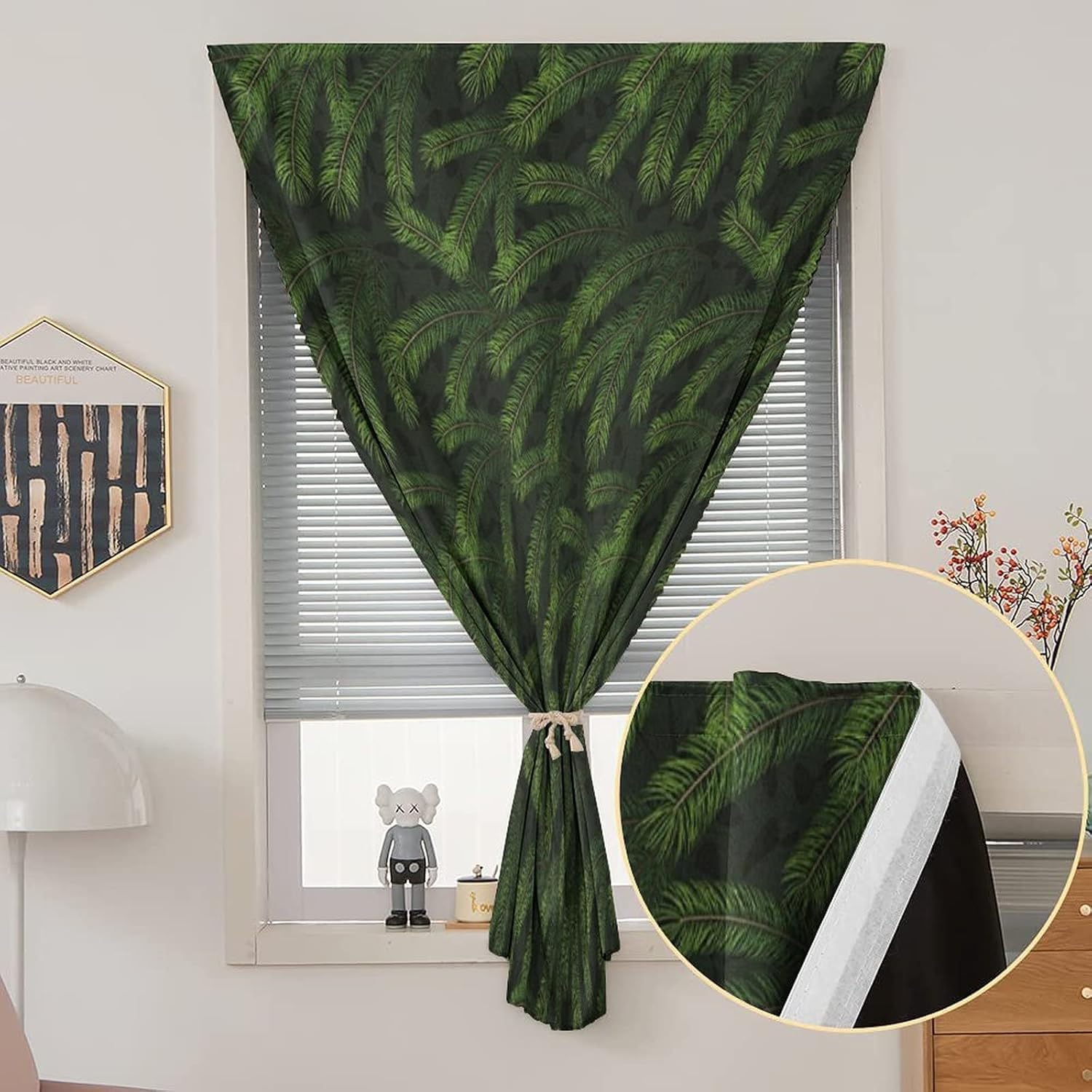 Self Adhesive Portable Blackout Curtains, Winter Room Darkening Curtains, Vivid Fir Pine Branches Trees Print Temporary Blackout Blinds,47W x54L Inches,,for Nursery,Children Kids Bedroom or Travel Use