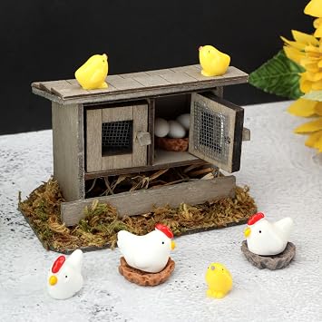 Miniature Chicken Coop Set, 13 Pieces, Wooden Coop with Hens, Chicks, Eggs and Nests, Farmhouse Decor for Fairy Gardens, DIY Mini Landscapes & Home Decor