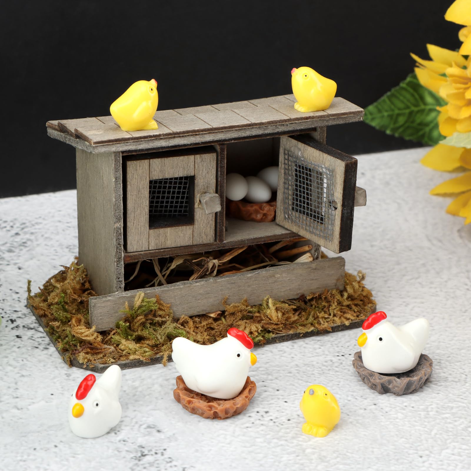 Set di pollai in miniatura, 13 pezzi, in legno, con galline, pulcini, uova e nidi, decorazione per giardini fatati, mini paesaggi fai da te e decorazioni per la casa