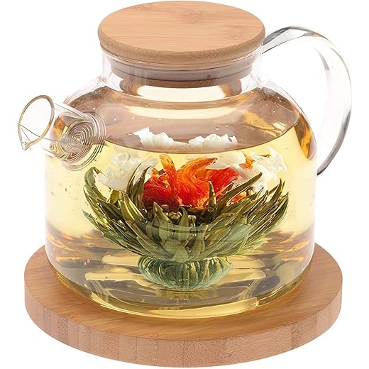 InfinitePI Initiatives Glass Round Kettle | Premium Teapot 1000ml | Kettle for Tea and Coffee Maker, Clear Leaf Glass Kettles Teapot, Bamboo Wooden Lid