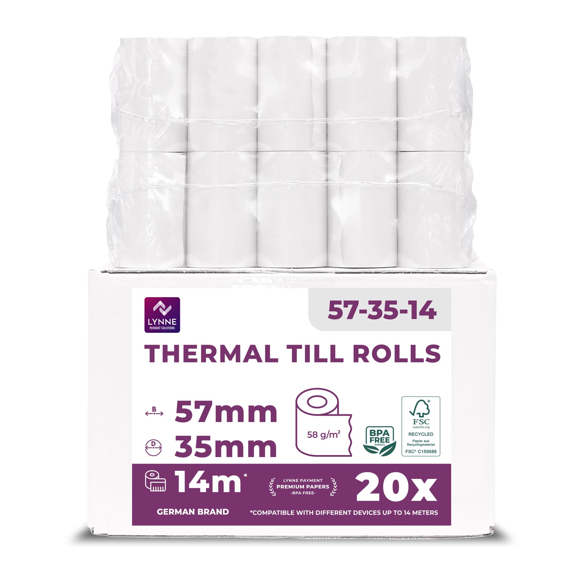 LYNNE - Rollos Papel Datafono Térmico 57x35x12mm para todos los TPV y las impresora térmica - Rollo papel térmico 57mm x 35mm x 14m - Ideal para máquinas de tarjetas de Crédito - Papel TPV [20x]