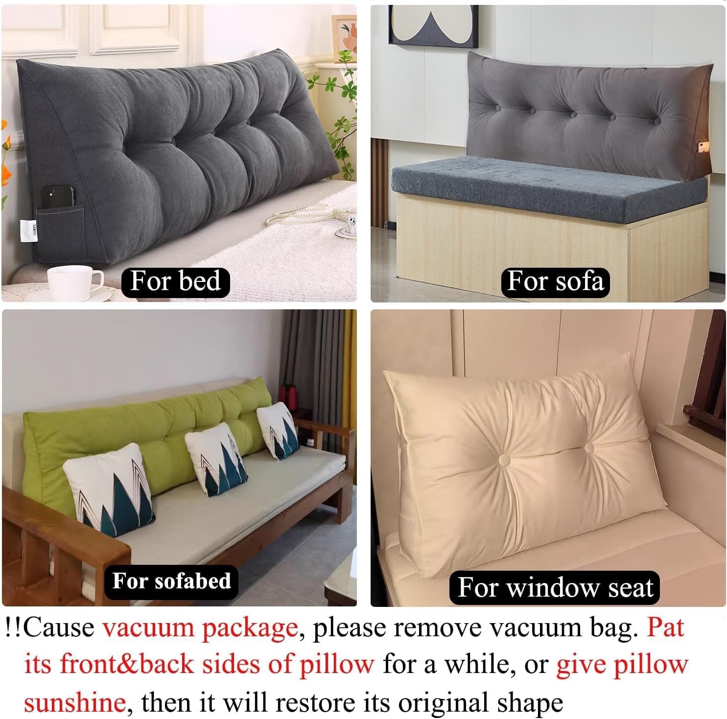 Headboard Wedge Pillow for Reading, Triangular Backrest Cushion with Removable Cover, Large Bolster Support for Twin/Queen/King Size Bed, Comfortable Dorm Daybed Pillow,Full ：47×8×20″,Dark Gray