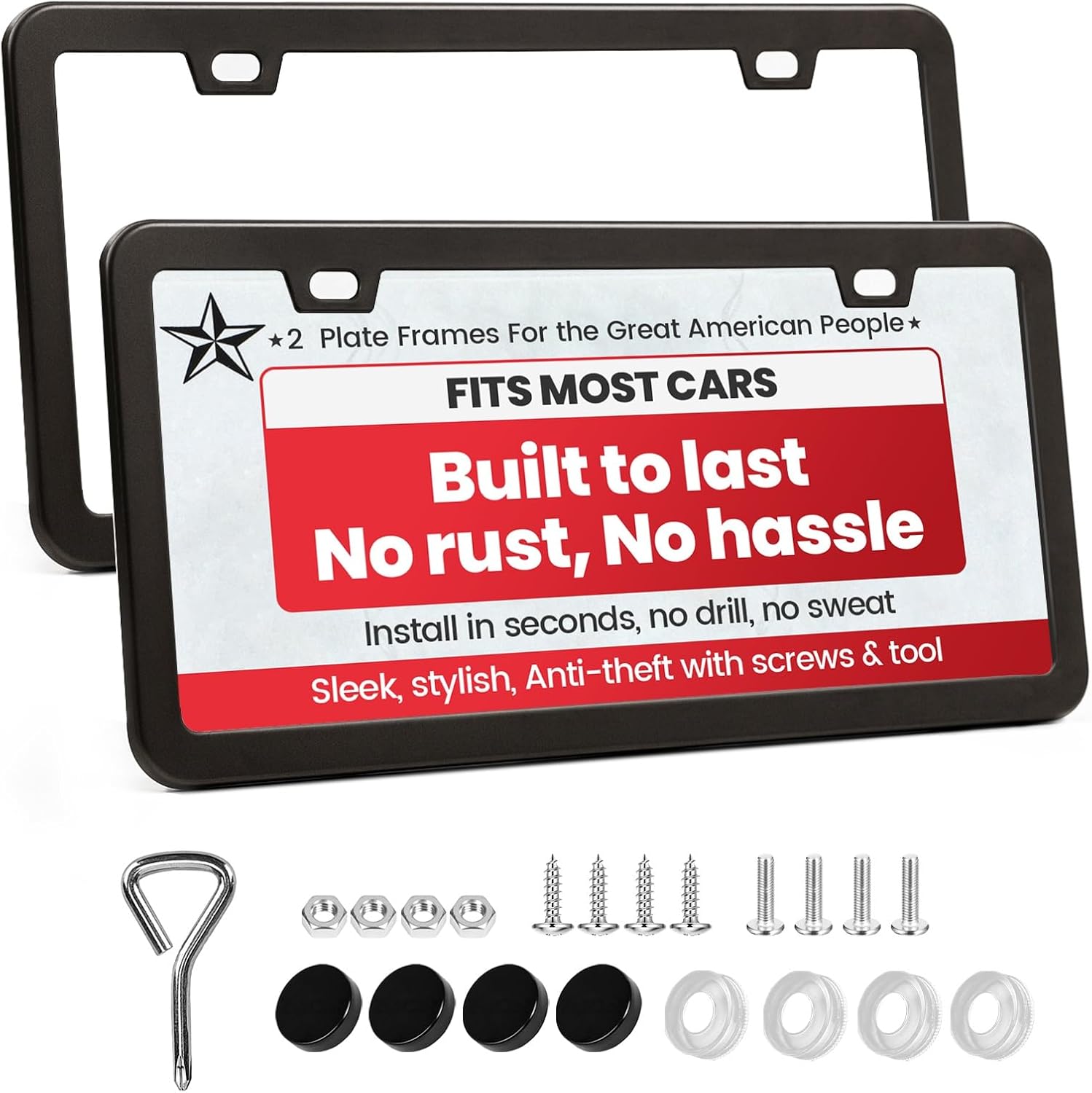 2 Pack Rust-Proof Matte Black Aluminum License Plate Frames - Universal Fit for Cars Trucks SUVs, Includes Screws & Caps