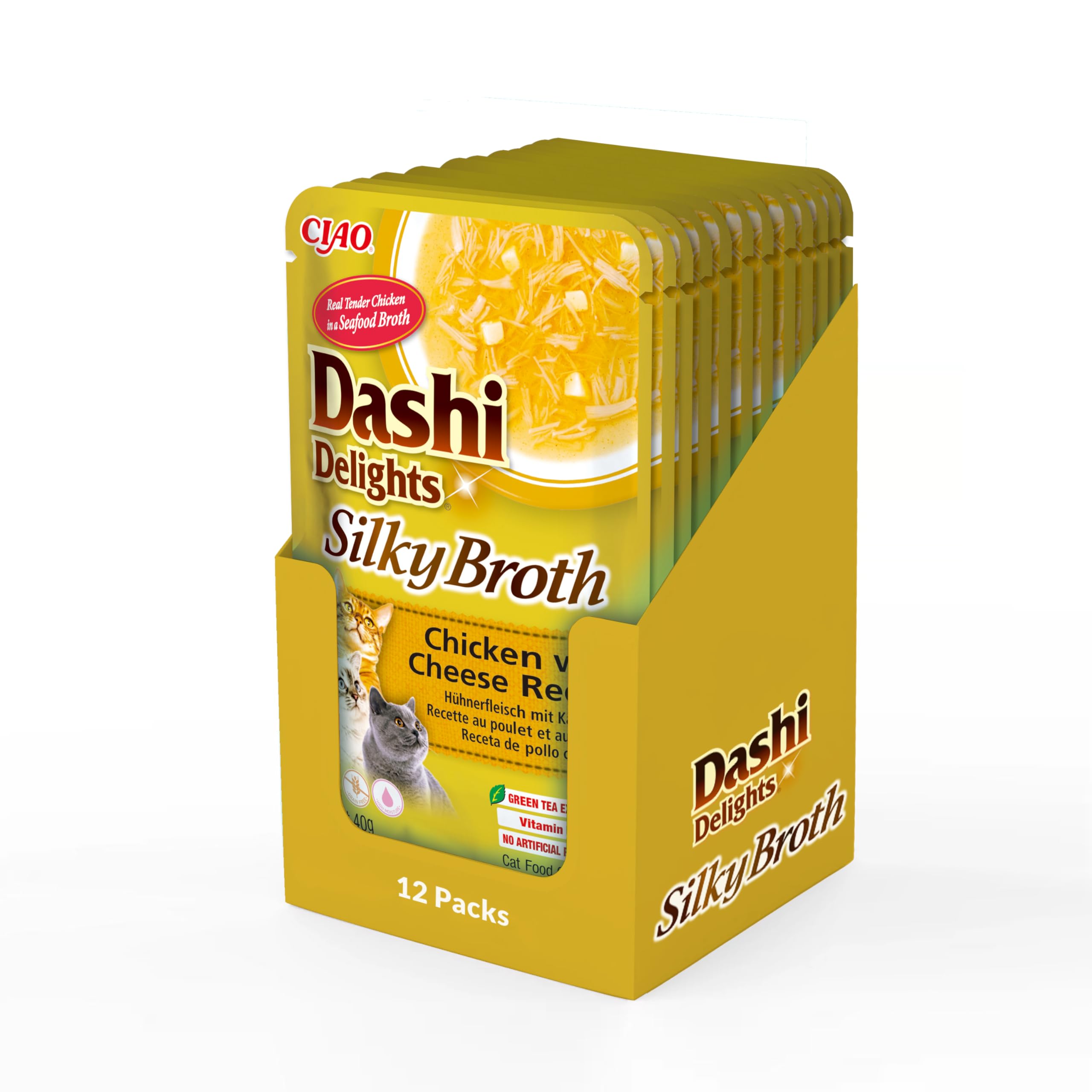 INABA Dashi Delights Silky Broth, mokra karma dla kotów z kurczakiem i serem, w delikatnym bulionie rybnym, bogata w białko, naturalne składniki, 40 g (12 sztuk)