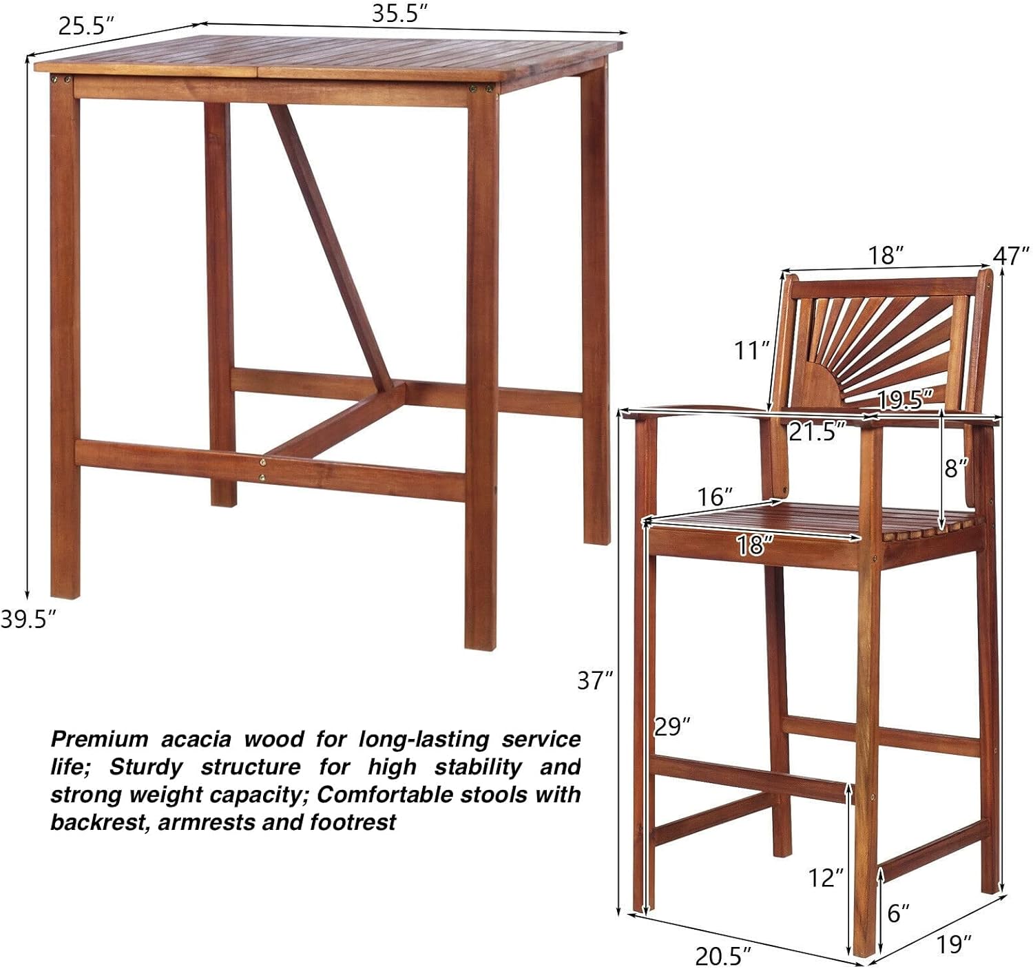 3PCS Bar Set Dining Set Outdoor Conversation Set 1 Bar Table 2 Bar Stools with Backrest Armrest Footrest Premium Acacia Wood Construction Spacious Tabletop Perfect for Both Indoor Outdoor Use