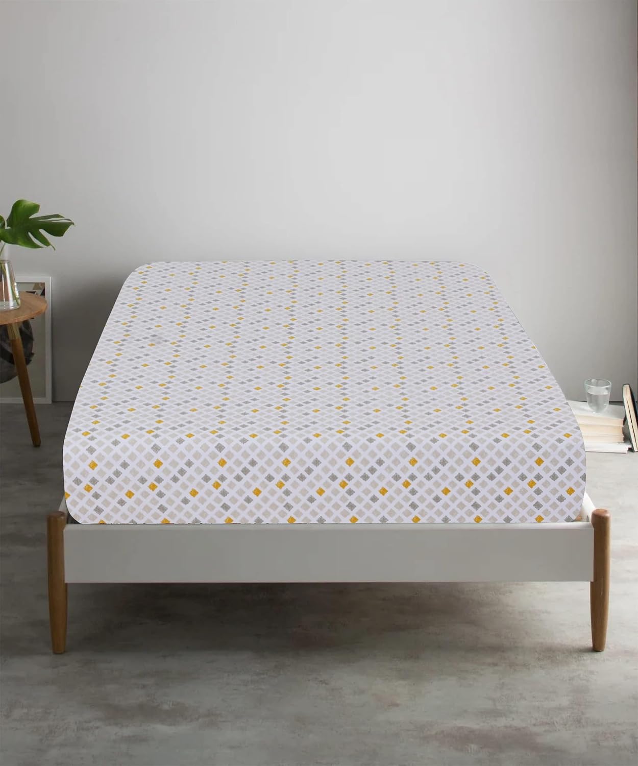 Feather & Stitch Fitted Sheet Only, 100% Cotton 300TC Lightweight Cooling & Breathable Percale Weave Fitted Sheet 16" Regular Elastic Deep Pocket Soft Bedding Mattress (King, Yellow Diamond)