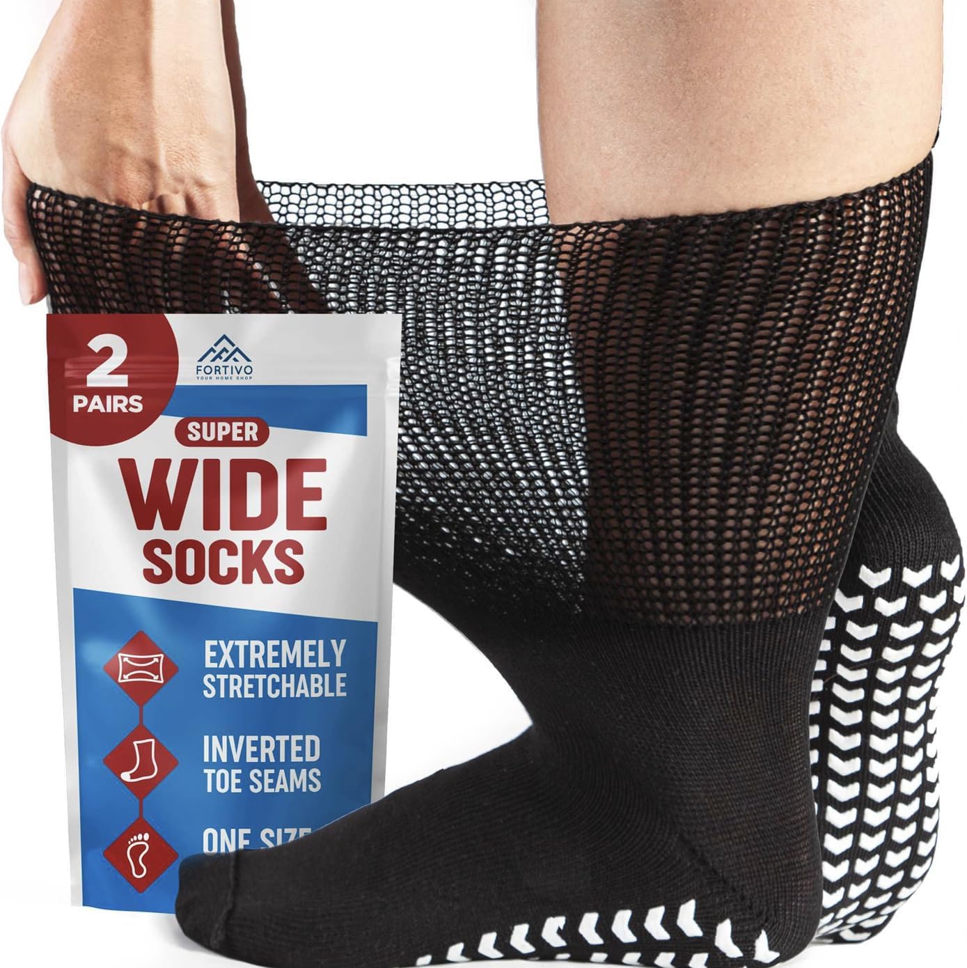 FORTIVO 2 Pairs Extra Wide Socks For Swollen Feet, Non-Slip Hospital and Diabetic Socks for Men and Women