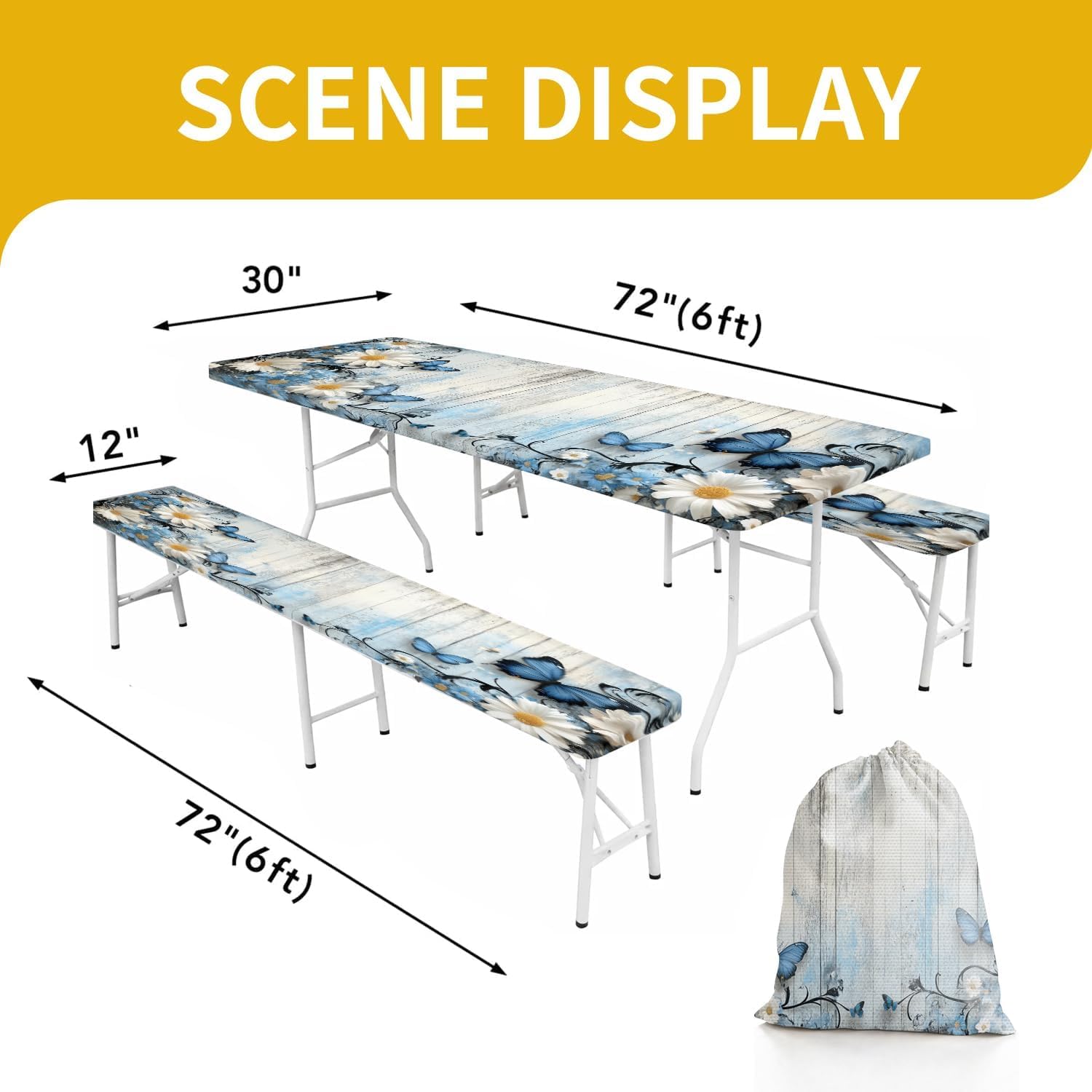 72x30 Picnic Table Cover with Bench Covers - Waterproof Vinyl Camping Tablecloth for 6FT Tables, Elastic Edges Windproof, Outdoor RV Must Haves with Bag, 4 Piece Set.