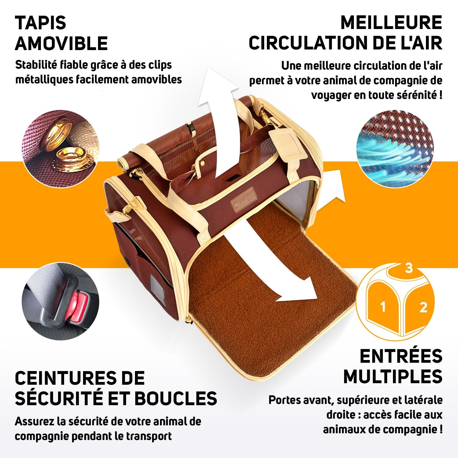 PETPROVED Caisse de Transport Chien Chat Sac de Transport pour Chien Voiture Chat Sac de Voyage Pliable Caisse Cage (M Marron)