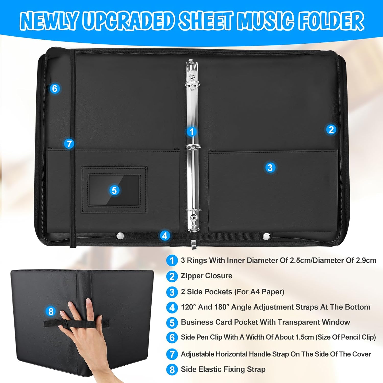 Sheet Music Folder, 13"x10.2" Choral Muisc Folder with Hand Strap, 3 Ring Music Folder with 30 Music Binder Bag Black PU Leather Choir Folders for Marching Band Piano Fits Letter Size 8.5x11 Inch