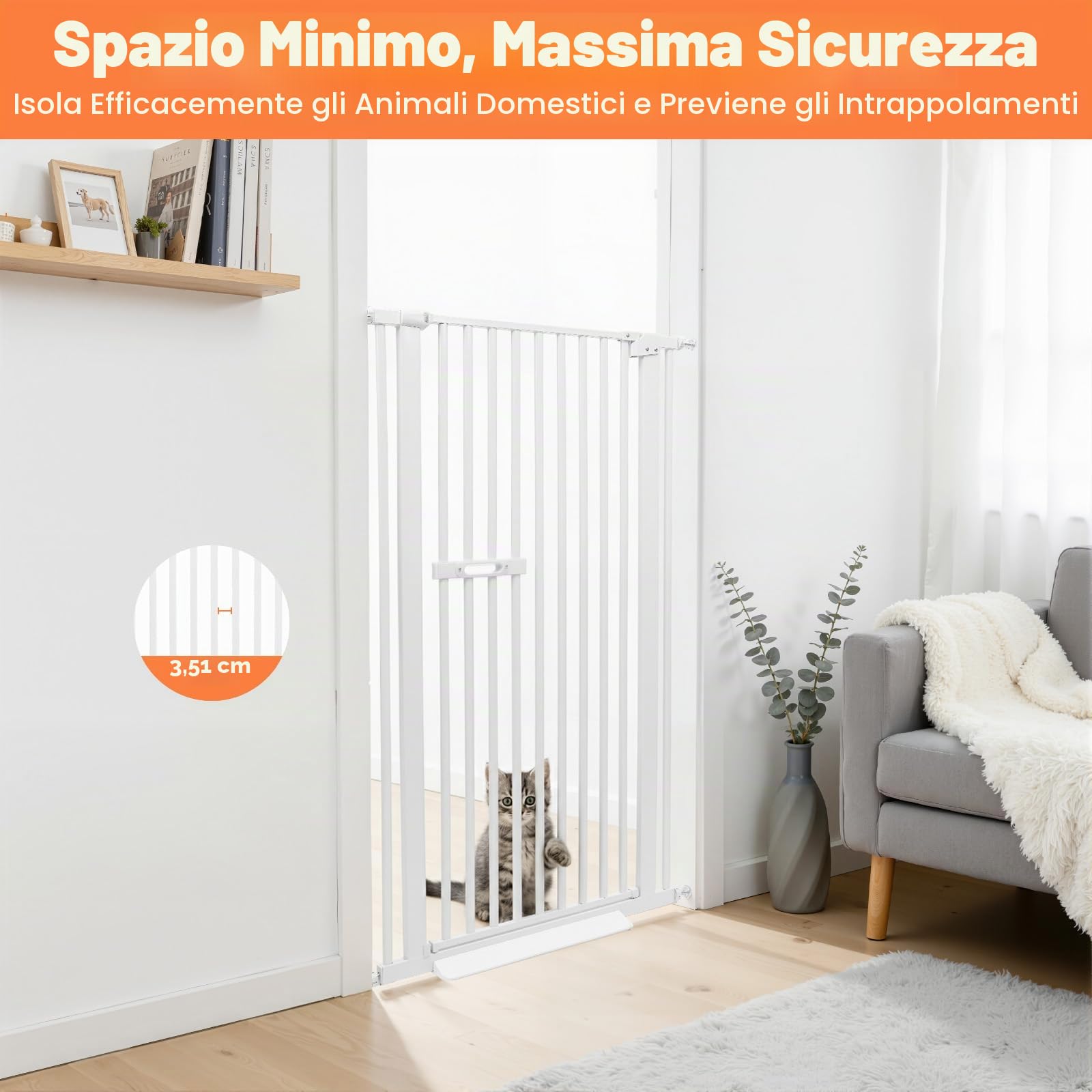 Griglia di protezione per porta, altezza 150 cm, senza foratura, griglia di sicurezza per cani e gattini, in metallo con chiusura automatica, per scale per bambini (bianco, 150 cm)